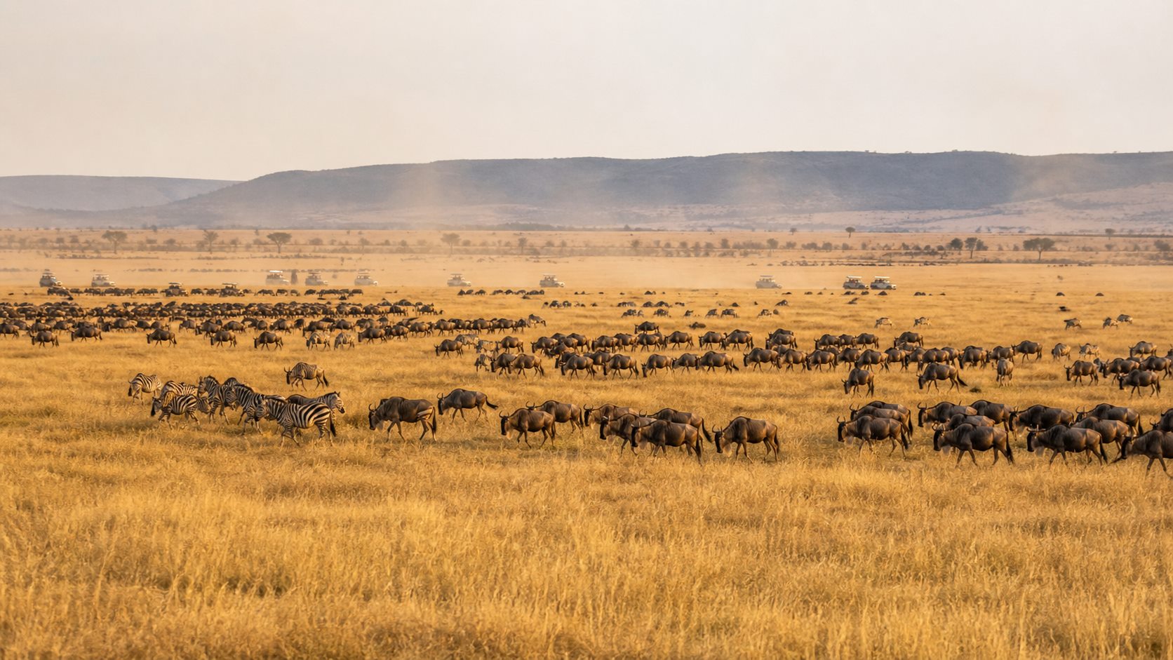 Dry-season herds spread across golden Maasai Mara plains