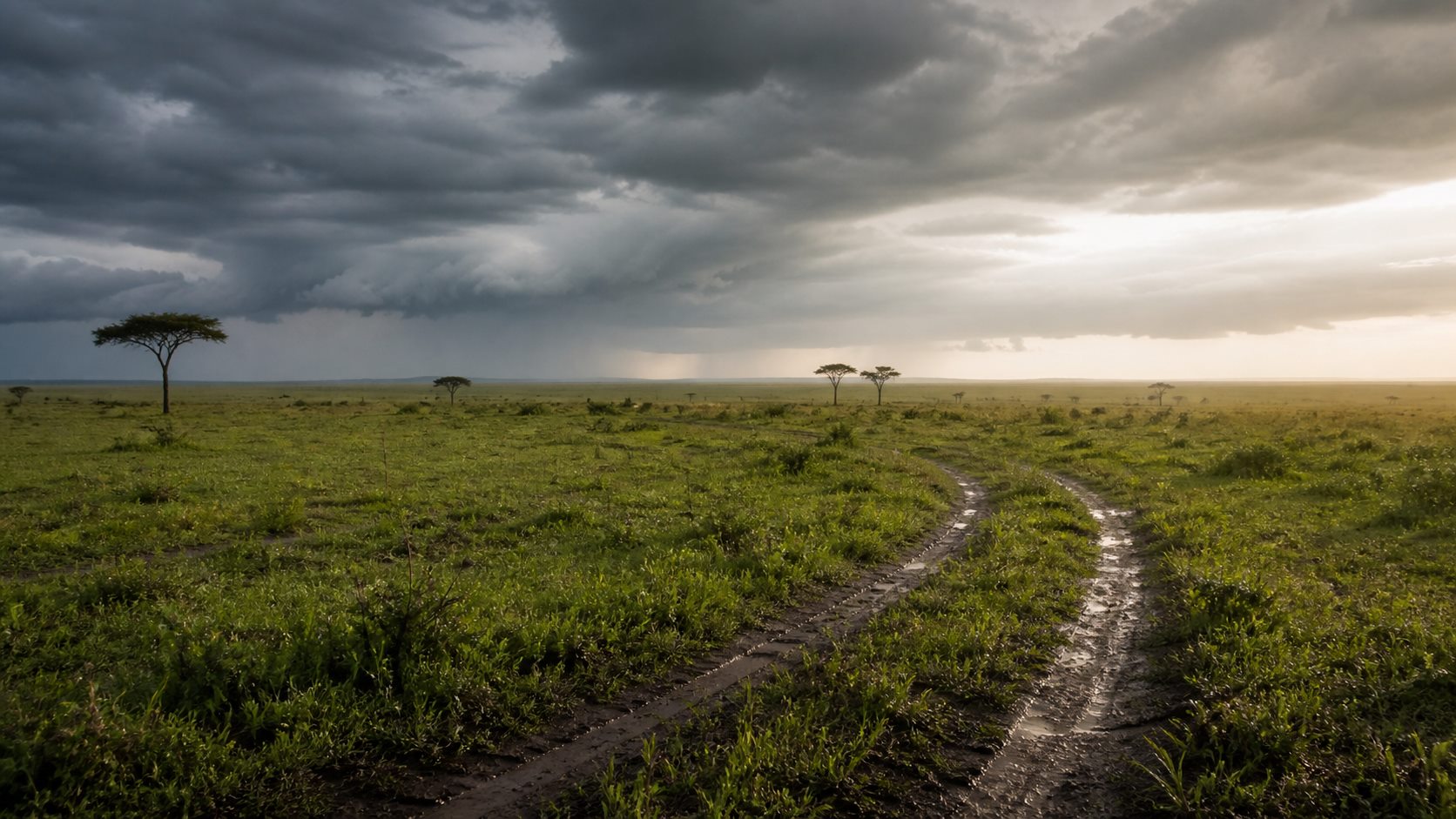 Rain clouds and wet tracks across green Maasai Mara plains