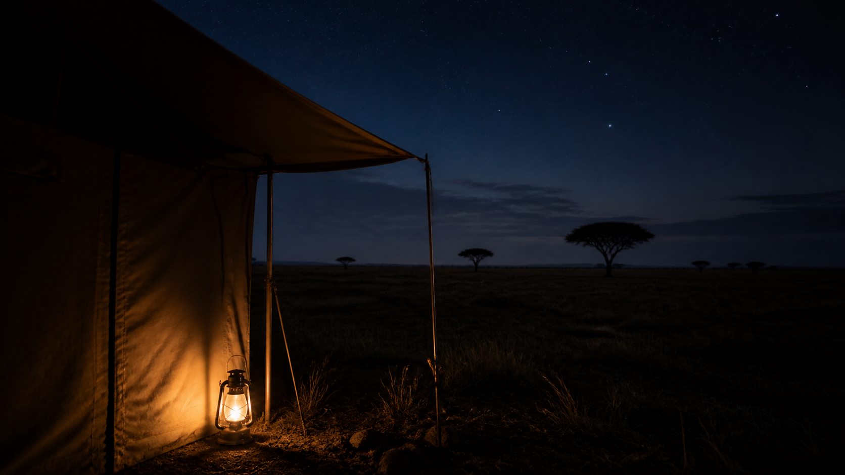 Canvas and lantern light beside open plains at night