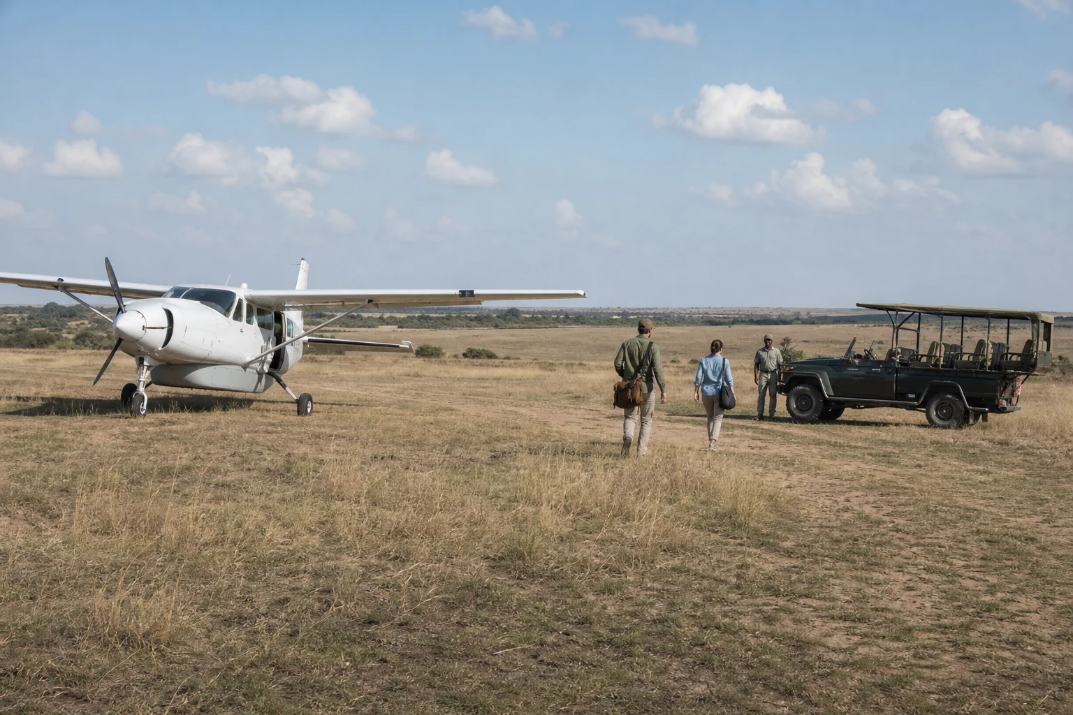 Traveller arriving by small aircraft in the Maasai Mara