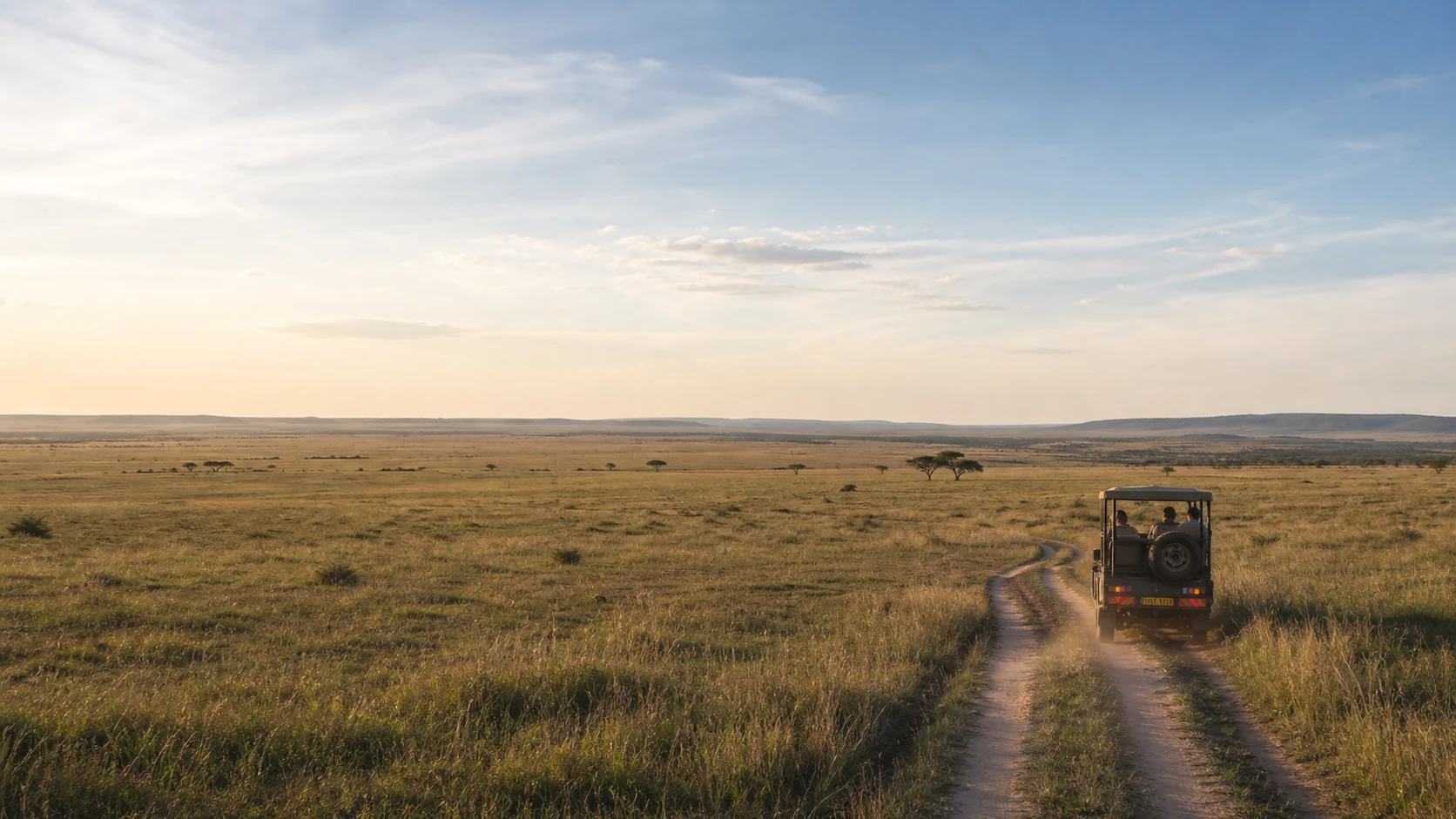 Safari vehicle following a track into the Maasai Mara at golden hour