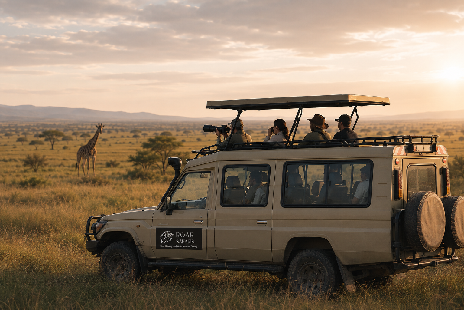 Roar Safaris vehicle with travellers observing a giraffe on the Maasai Mara plains